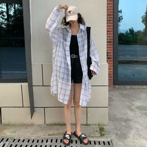 特大碼300斤慵懶風學生中長款格子衫女胖mm寬鬆復古薄款防曬衣ins