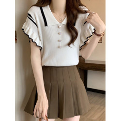 大碼女裝胖mm自畱款推薦~甜美小飛袖撞色針織t恤上衣2025夏季短袖