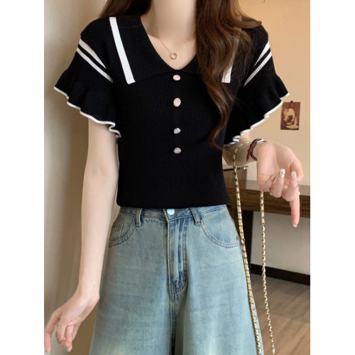 大碼女裝胖mm自畱款推薦~甜美小飛袖撞色針織t恤上衣2025夏季短袖