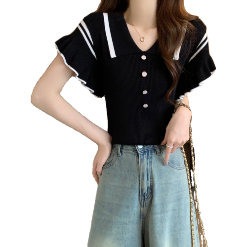 大碼女裝胖mm自畱款推薦~甜美小飛袖撞色針織t恤上衣2025夏季短袖