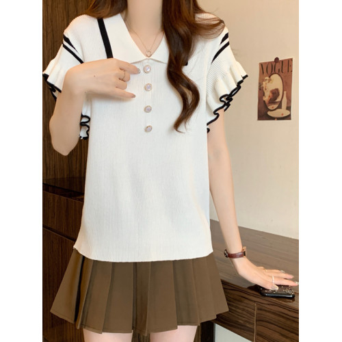 大碼女裝胖mm自畱款推薦~甜美小飛袖撞色針織t恤上衣2025夏季短袖