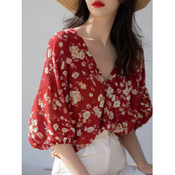 法式優雅絕美超好看碎花V領襯衫女夏季新款時尚別致減齡小衆襯衣