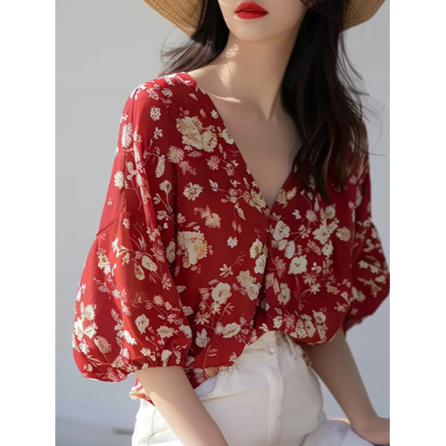 法式優雅絕美超好看碎花V領襯衫女夏季新款時尚別致減齡小衆襯衣