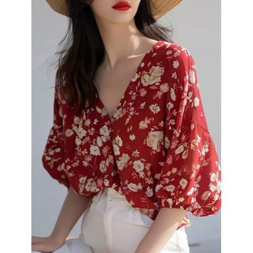 法式優雅絕美超好看碎花V領襯衫女夏季新款時尚別致減齡小衆襯衣