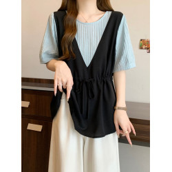 大碼微胖時尚收腰顯瘦假兩件高級感上衣胖妹妹mm拼接短袖襯衫女夏