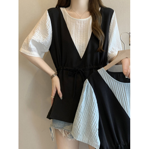 大碼微胖時尚收腰顯瘦假兩件高級感上衣胖妹妹mm拼接短袖襯衫女夏