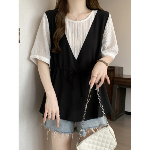 大碼微胖時尚收腰顯瘦假兩件高級感上衣胖妹妹mm拼接短袖襯衫女夏