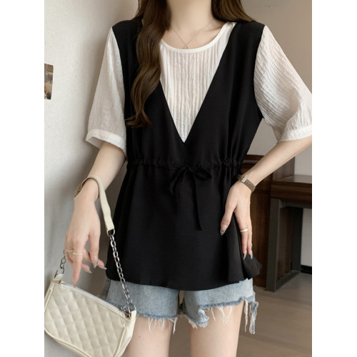 大碼微胖時尚收腰顯瘦假兩件高級感上衣胖妹妹mm拼接短袖襯衫女夏