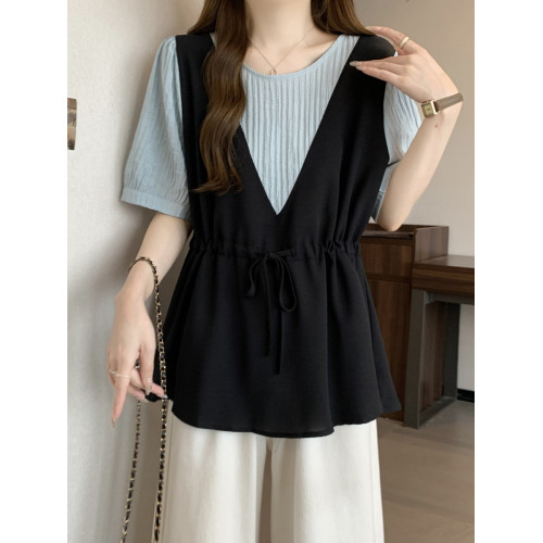 大碼微胖時尚收腰顯瘦假兩件高級感上衣胖妹妹mm拼接短袖襯衫女夏