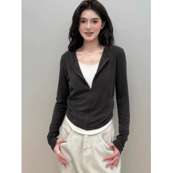 假兩件長袖t恤打底衫女2025新款秋季修身顯瘦獨特別致短款上衣女