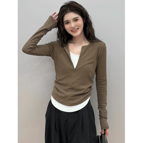 假兩件長袖t恤打底衫女2025新款秋季修身顯瘦獨特別致短款上衣女