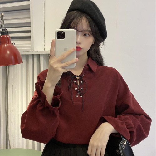 春秋新款胖mm300斤大碼設計感POLO領長袖襯衫寬鬆顯瘦上衣女ins潮