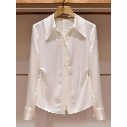 韓系氣質輕奢絕美白色繙領長袖襯衫女秋季款獨特百搭超好看小上衣