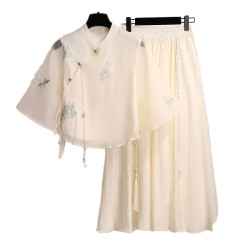 新中式國風設計別致漂亮雪紡襯衫女春秋季新款顯瘦漢服a字半身裙