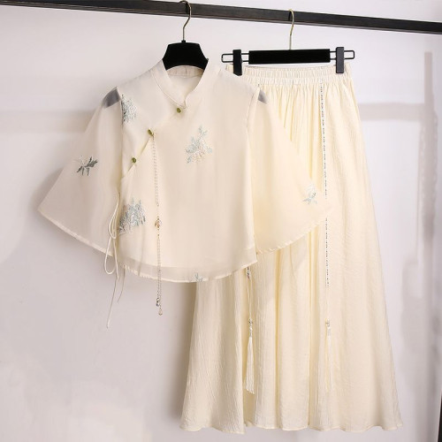 新中式國風設計別致漂亮雪紡襯衫女春秋季新款顯瘦漢服a字半身裙