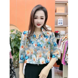 媽媽襯衫女夏季印花色新款氣質七分袖襯衣寬鬆顯瘦時尚洋氣小衫秋