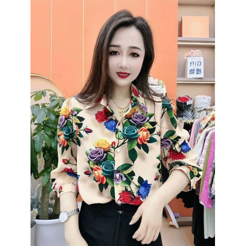 媽媽襯衫女夏季印花色新款氣質七分袖襯衣寬鬆顯瘦時尚洋氣小衫秋