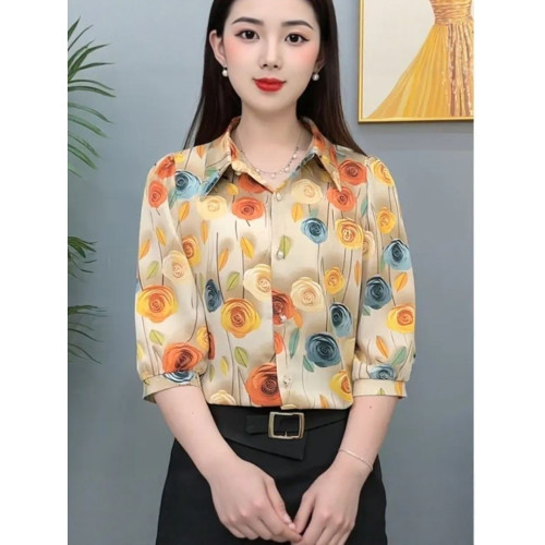 媽媽襯衫女夏季印花色新款氣質七分袖襯衣寬鬆顯瘦時尚洋氣小衫秋