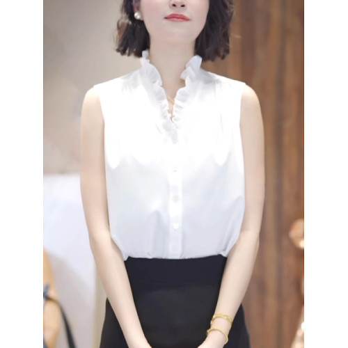法式白色襯衫女士大碼胖MM夏季設計感洋氣減齡木耳邊v領無袖上衣