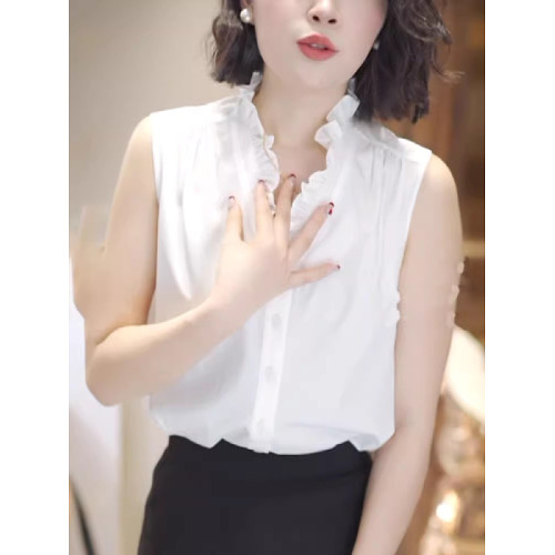 法式白色襯衫女士大碼胖MM夏季設計感洋氣減齡木耳邊v領無袖上衣