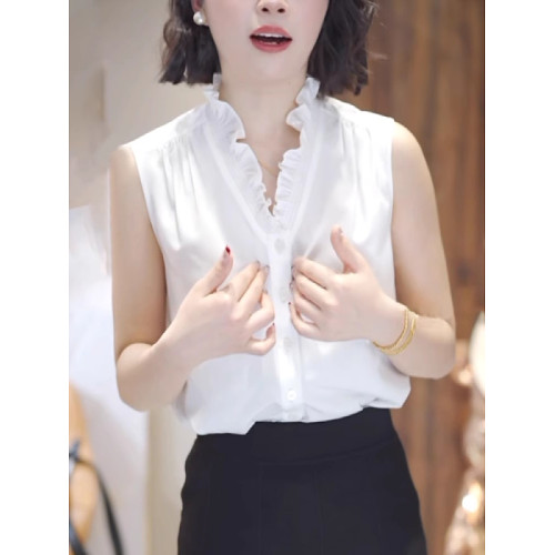 法式白色襯衫女士大碼胖MM夏季設計感洋氣減齡木耳邊v領無袖上衣