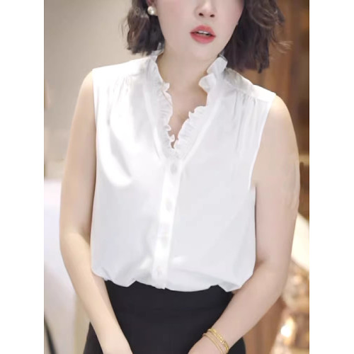 法式白色襯衫女士大碼胖MM夏季設計感洋氣減齡木耳邊v領無袖上衣