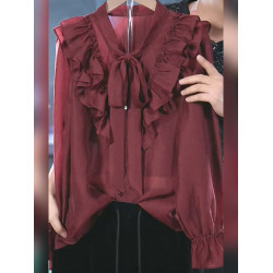 港味復古氣質木耳邊酒紅色襯衫上衣2025新款高級感系帶小衆襯衣女