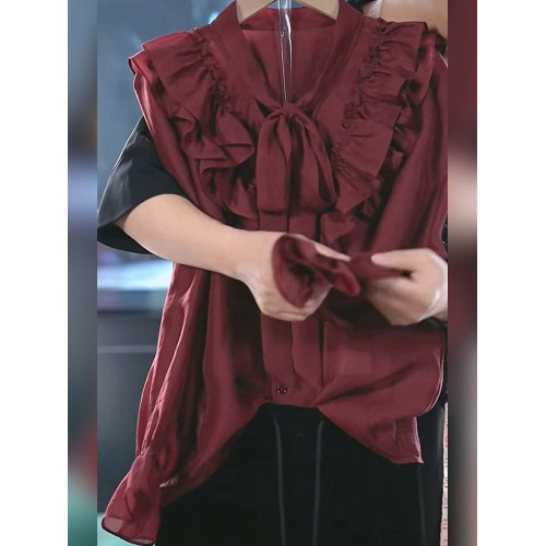 港味復古氣質木耳邊酒紅色襯衫上衣2025新款高級感系帶小衆襯衣女