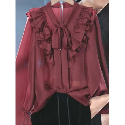 港味復古氣質木耳邊酒紅色襯衫上衣2025新款高級感系帶小衆襯衣女