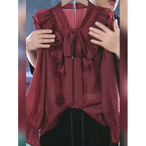 港味復古氣質木耳邊酒紅色襯衫上衣2025新款高級感系帶小衆襯衣女