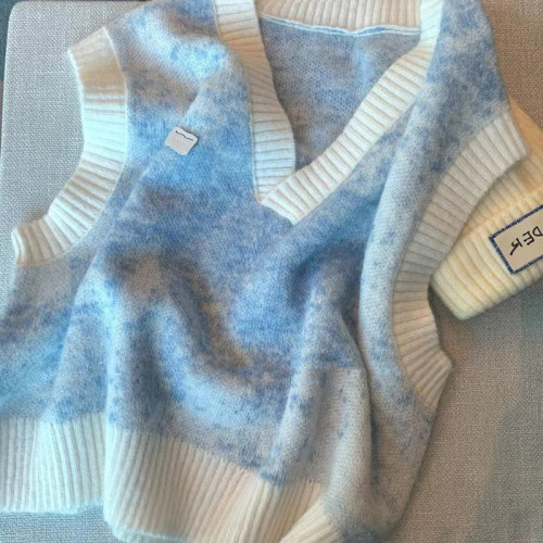 大牌買手店！藍色暈染針織上衣馬甲女2025新款韓版寬鬆慵懶風毛衣