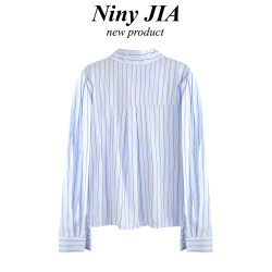 Niny JIA鹽系慵懶風藍色條紋吊帶背心寬鬆顯瘦Polo領襯衫兩件套女