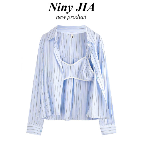 Niny JIA鹽系慵懶風藍色條紋吊帶背心寬鬆顯瘦Polo領襯衫兩件套女
