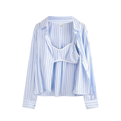 Niny JIA鹽系慵懶風藍色條紋吊帶背心寬鬆顯瘦Polo領襯衫兩件套女