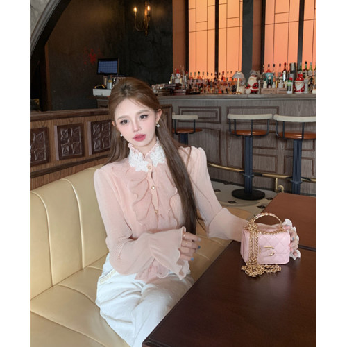 2024春秋蕾絲設計感荷葉邊拼接襯衫女秋冬法式喇叭袖立領雪紡上衣