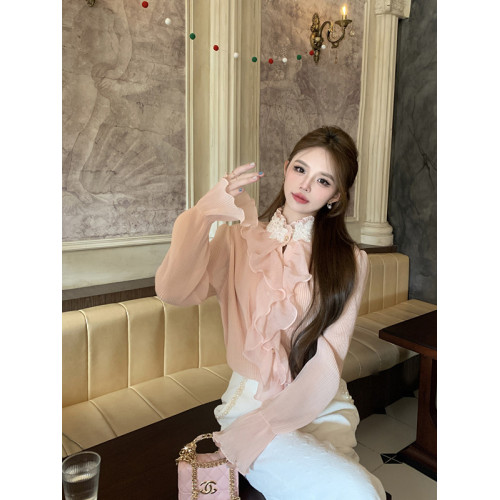 2024春秋蕾絲設計感荷葉邊拼接襯衫女秋冬法式喇叭袖立領雪紡上衣