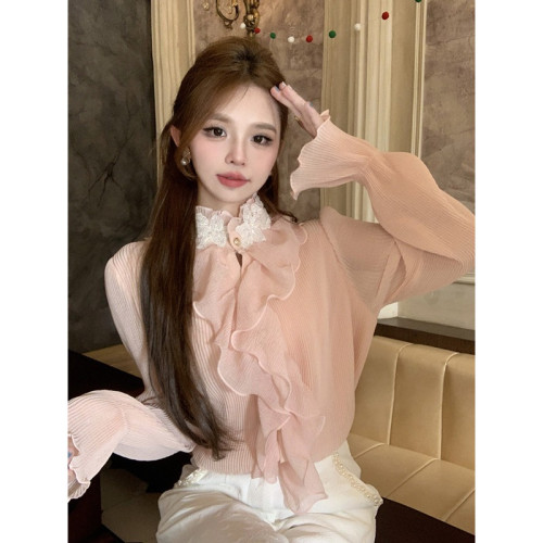 2024春秋蕾絲設計感荷葉邊拼接襯衫女秋冬法式喇叭袖立領雪紡上衣