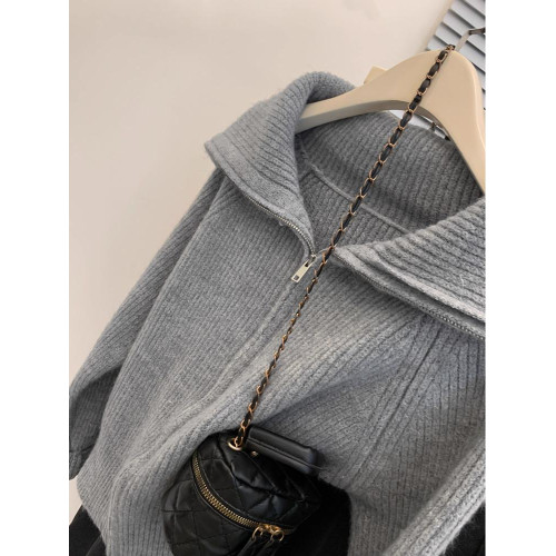 廣州十三行高貨紫色海軍領拉鍊毛衣外套女秋冬氣質慵懶風針織開衫