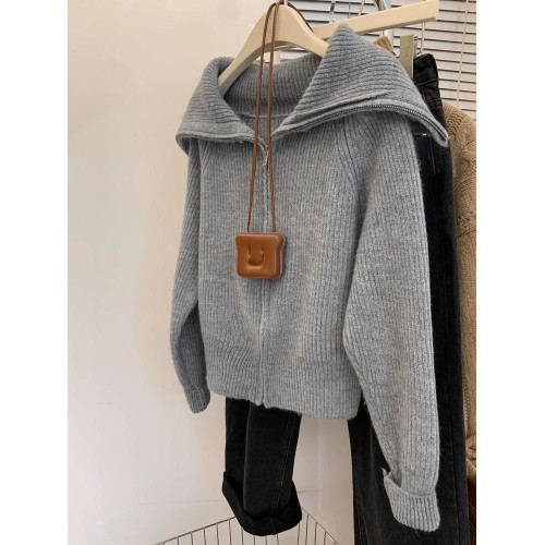 廣州十三行高貨紫色海軍領拉鍊毛衣外套女秋冬氣質慵懶風針織開衫