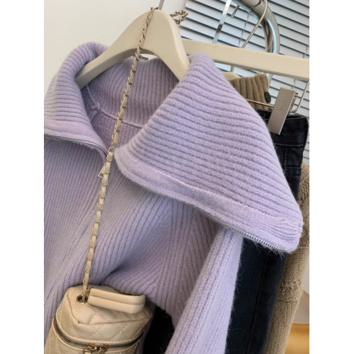 廣州十三行高貨紫色海軍領拉鍊毛衣外套女秋冬氣質慵懶風針織開衫