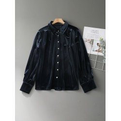 絲絨深藍色職業長袖襯衫女裝秋季新款法式復古氣質內搭高級感上衣