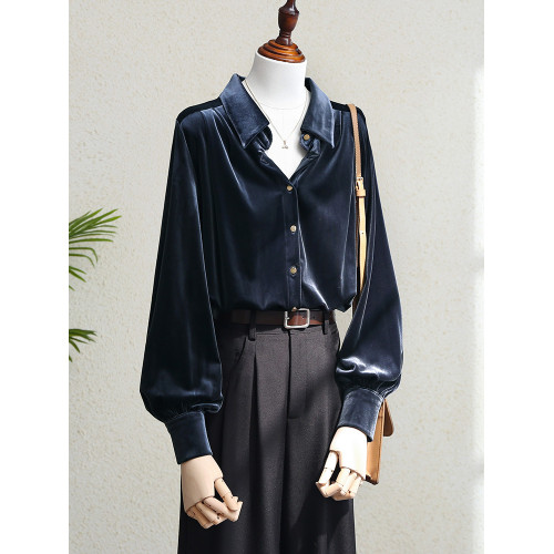 絲絨深藍色職業長袖襯衫女裝秋季新款法式復古氣質內搭高級感上衣