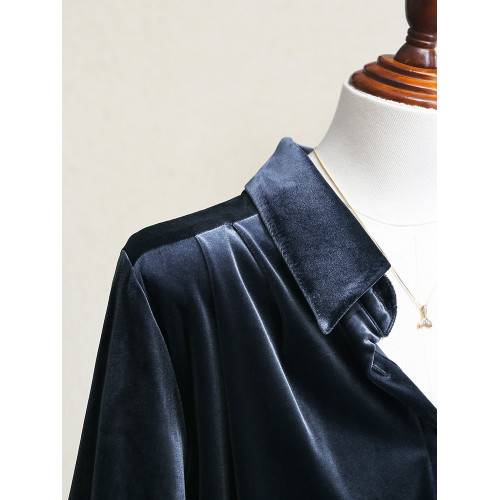 絲絨深藍色職業長袖襯衫女裝秋季新款法式復古氣質內搭高級感上衣