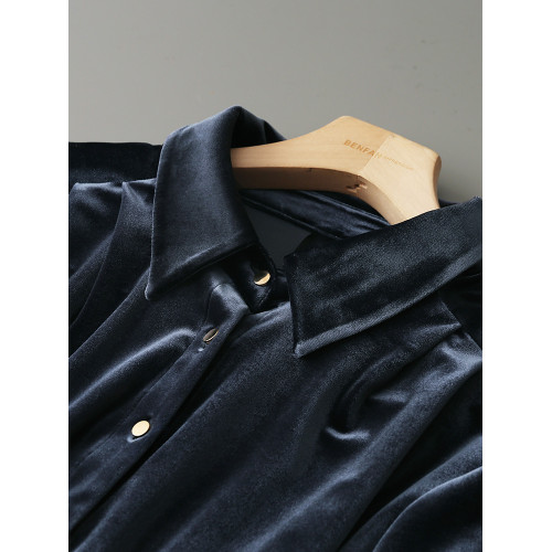 絲絨深藍色職業長袖襯衫女裝秋季新款法式復古氣質內搭高級感上衣