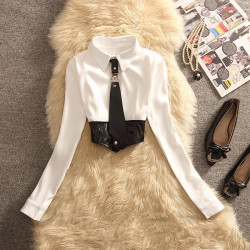 秋裝新款假兩件襯衫女洋氣時尚百搭外穿襯衣小個子短款上衣潮