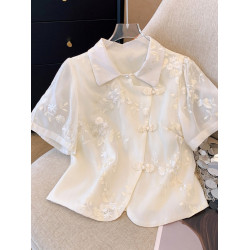 清倉撿漏~國風刺綉雪紡衫女夏新中式盤釦小衫設計感斜釦短款上衣