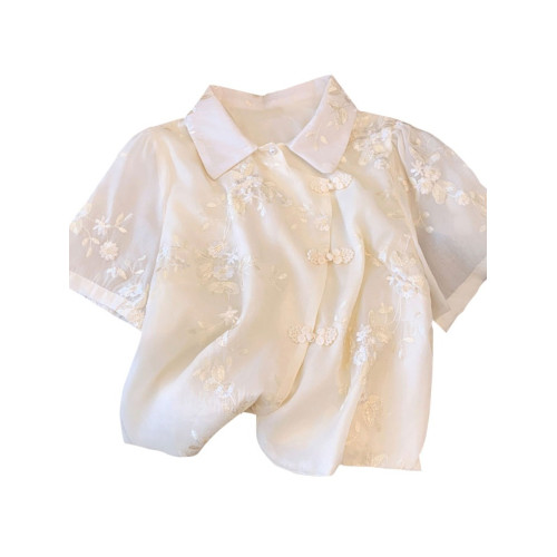 清倉撿漏~國風刺綉雪紡衫女夏新中式盤釦小衫設計感斜釦短款上衣