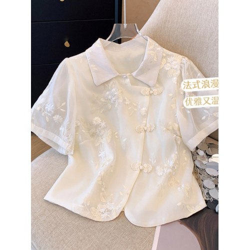 清倉撿漏~國風刺綉雪紡衫女夏新中式盤釦小衫設計感斜釦短款上衣