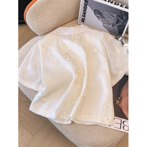 清倉撿漏~國風刺綉雪紡衫女夏新中式盤釦小衫設計感斜釦短款上衣