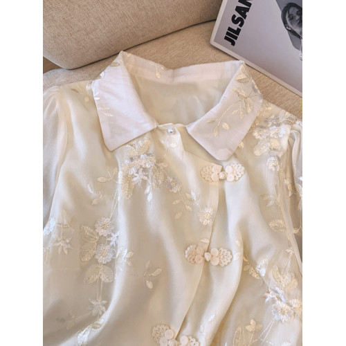 清倉撿漏~國風刺綉雪紡衫女夏新中式盤釦小衫設計感斜釦短款上衣